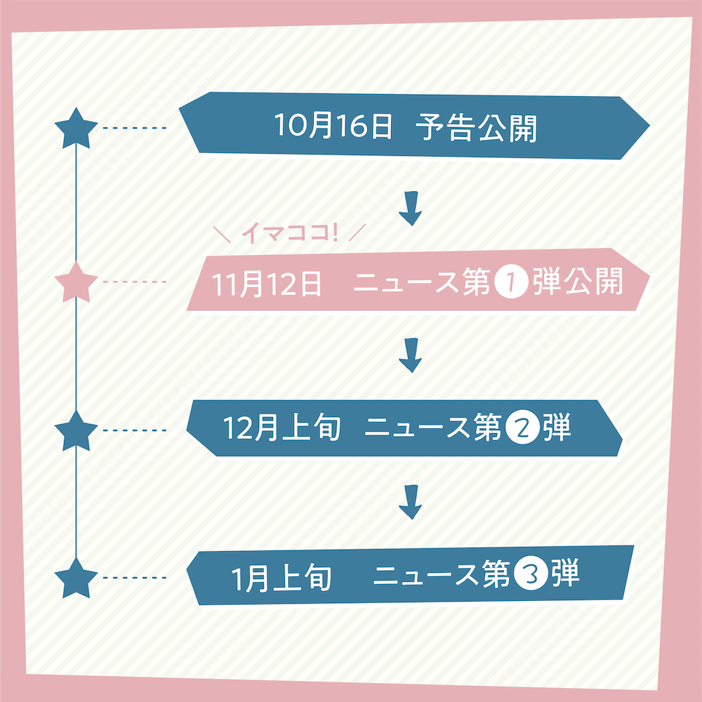 10月16日予告公開 11月12日ニュース第一弾公開 12月上旬ニュース第二弾 1月上旬ニュース第三弾